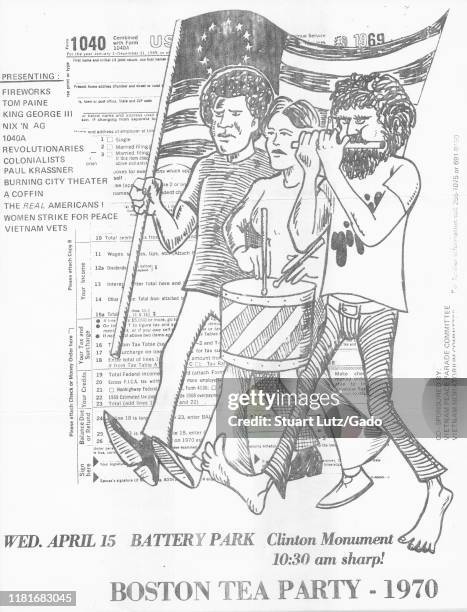 Flyer advertising the 'Boston Tea Party,' an anti-Vietnam War event held in Battery Park, with a drawing depicting three figures in the role of...