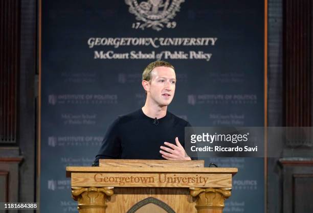 Facebook CEO Mark Zuckerberg leads a conversation on free expression at Georgetown University on October 17, 2019 in Washington, DC. The event was...