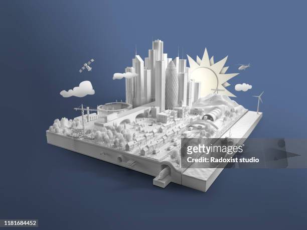 Paper white city island on blue background