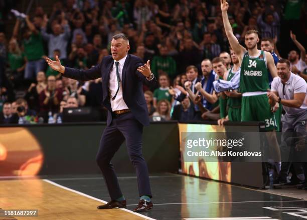 Sarunas Jasikevicius, Head Coach of Zalgiris Kaunas reacts during the 2019/2020 Turkish Airlines EuroLeague Regular Season Round 3 match between...