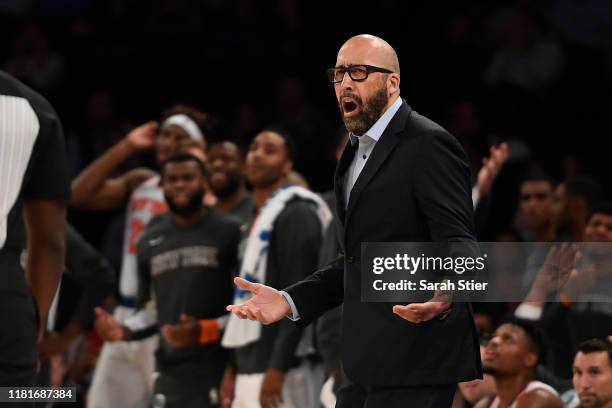 Head coach David Fizdale of the New York Knicks reacts during the fourth quarter of the preseason game against the Atlanta Hawks at Madison Square...