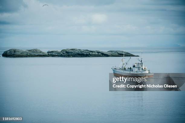 fishing boat sailing past norwegian island - fishing boat 個照片及圖片檔