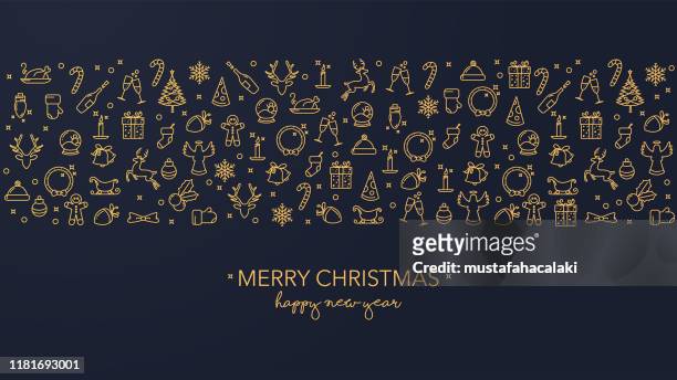 dunkelblaue weihnachtskarte mit goldenen ikonen - new years eve 2019 stock-grafiken, -clipart, -cartoons und -symbole
