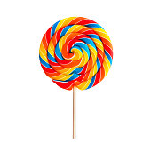 Colorful lollipop swirl on stick isolated on white background. Striped spiral multicolored candy