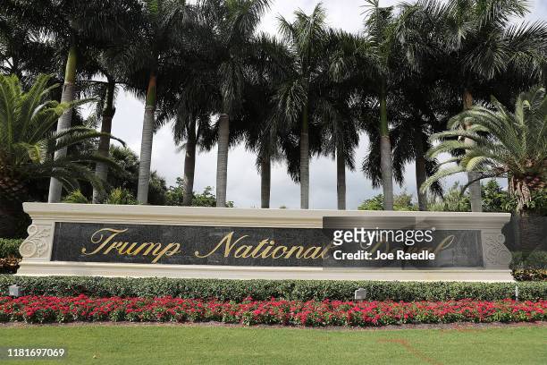 Sign is seen near the front entrance to the Trump National Doral golf resort owned by U.S. President Donald Trump's company on October 17, 2019 in...