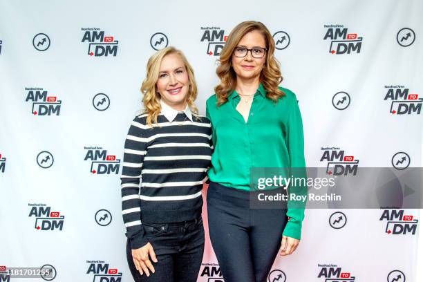 Actress Angela Kinsey and Jenna Fischer discuss "The Office Ladies" with BuzzFeed's "AM To DM" on October 17, 2019 in New York City.