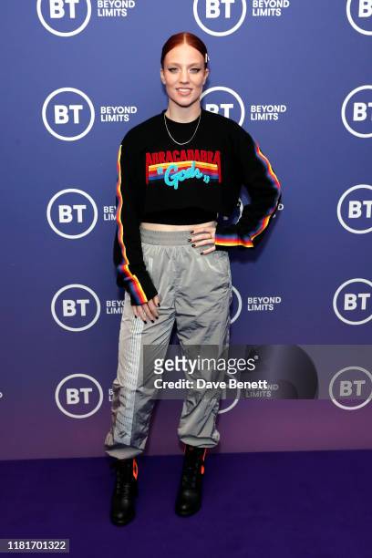 Jess Glynne attends the BT 'Beyond Limits' PR launch event, featuring a performance by Jess Glynne and a record-breaking drone show, at Wembley Arena...