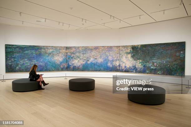 Woman attend a media preview as she sets by the "u2018We"u2019d have a revolution if we took down Water Lilies"u2019 by Monet on the newly-expanded...