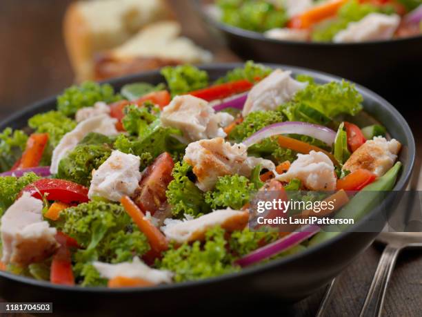 kale and chicken salad - chicken salad stock pictures, royalty-free photos & images