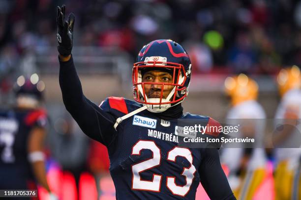 Montreal Alouettes defensive back Tommie Campbell tries to cheer up the crowd during the Edmonton Eskimos versus the Montreal Alouettes eastern...