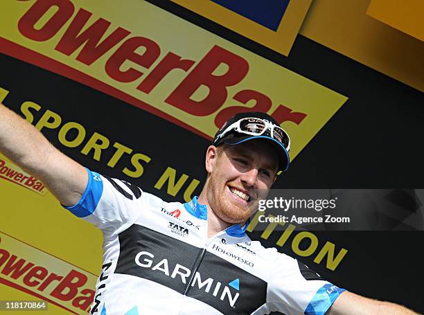 Tyler Farrar of Team Garmin - Cervelo celebrates during Stage Three of the 2011 Tour de France from Olonne-sur-Mer to Redon on July 4, 2011 in...