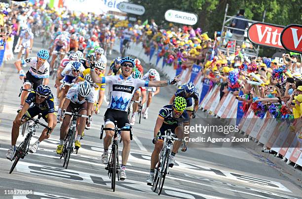Tyler Farrar of Team Garmin - Cervelo crosses the line during Stage Three of the 2011 Tour de France from Olonne-sur-Mer to Redon on July 4, 2011 in...