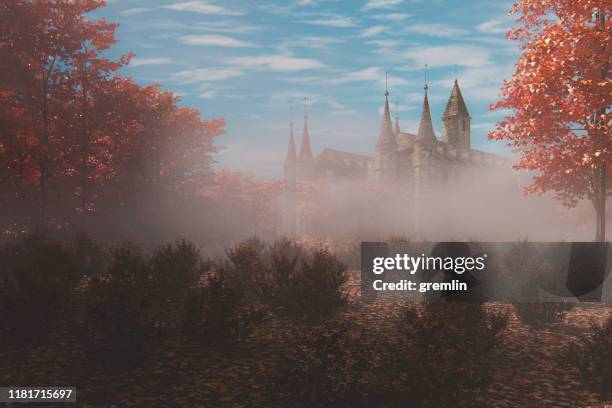 fantasie alte burg im wald - märchen stock-fotos und bilder