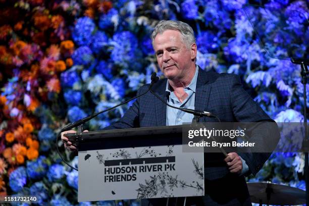 Aidan Quinn speaks onstage during the Hudson River Park Annual Gala at Cipriani South Street on October 17, 2019 in New York City.