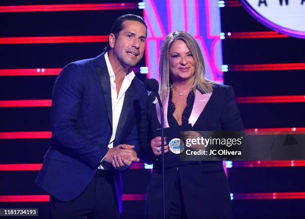 Gregorio Pernia and Ana Maria Polo speak onstage during the 2019 Latin American Music Awards at Dolby Theatre on October 17, 2019 in Hollywood,...