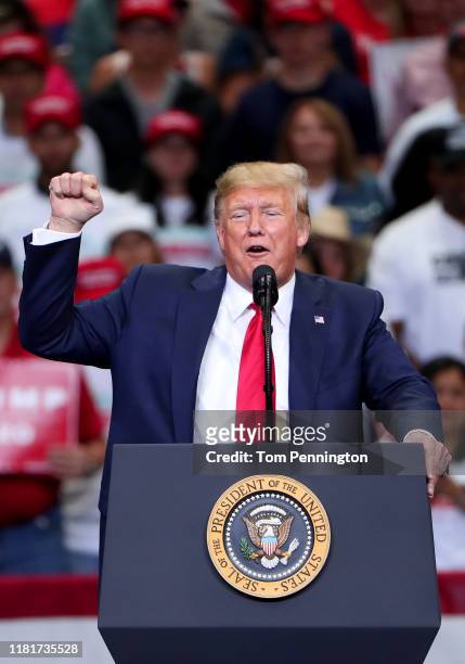 President Donald Trump speaks during a "Keep America Great" Campaign Rally at American Airlines Center on October 17, 2019 in Dallas, Texas.