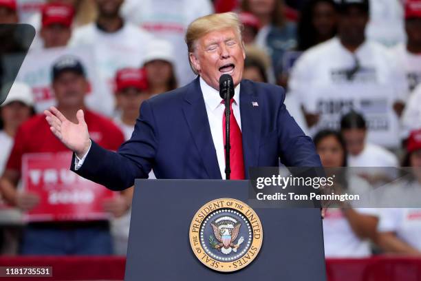 President Donald Trump speaks during a "Keep America Great" Campaign Rally at American Airlines Center on October 17, 2019 in Dallas, Texas.