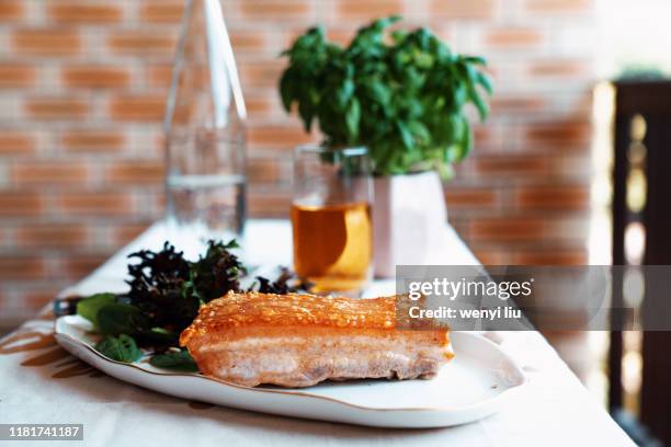 crispy roasted pork belly on a white plate with salad - schweinebauch stock-fotos und bilder