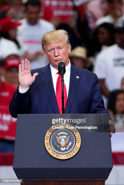 President Donald Trump speaks during a "Keep America Great" Campaign Rally at American Airlines Center on October 17, 2019 in Dallas, Texas.