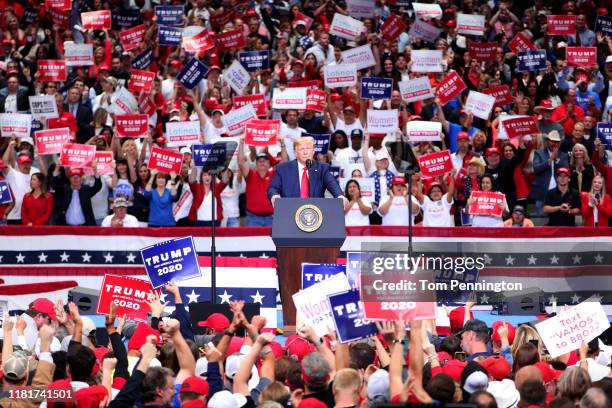 President Donald Trump speaks during a "Keep America Great" Campaign Rally at American Airlines Center on October 17, 2019 in Dallas, Texas.