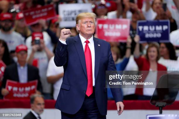 President Donald Trump speaks during a "Keep America Great" Campaign Rally at American Airlines Center on October 17, 2019 in Dallas, Texas.