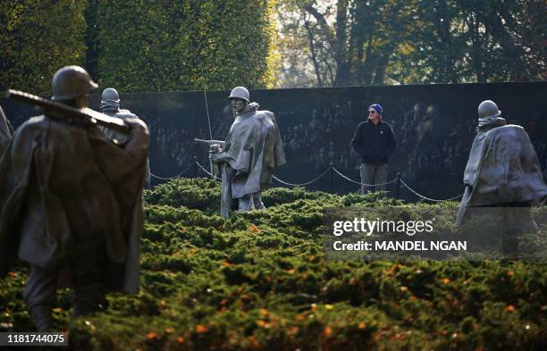 Visitor to the Korean War Memorial is seen on Veterans Day on November 11, 2019 in Washington, DC.