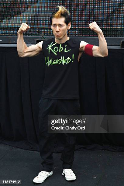 Competitive eater Takeru Kobayashi challeges 2011 Nathan's Famous Hot Dog Eating Competition Contestants via satellite at 230 Fifth Avenue on July 4,...