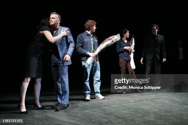 Monette Magrath, David Cromer, Will Hochman, Mary-Louise Parker and Adam Rapp, during the opening night curtain call of "The Sound Inside" at Studio...