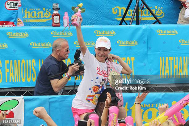 Winner of the first Nathan's Hot Dog Eating Contest for Women Sonya Thomas attends the 2011 Nathan's Famous Fourth Of July International Hot Dog...