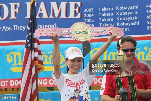 Winner of the first Nathan's Hot Dog Eating Contest for Women Sonya Thomas attends the 2011 Nathan's Famous Fourth Of July International Hot Dog...