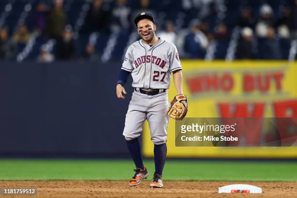 Jose Altuve of the Houston Astros celebrates his teams 8-3 win over the New York Yankees in game four of the American League Championship Series at...