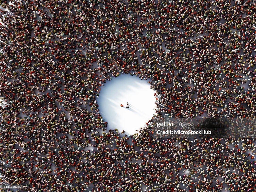 Human Crowd Surrounding Three People on White Background