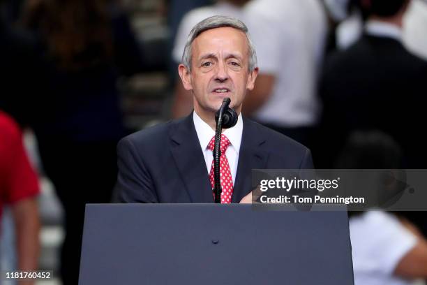 Pastor Robert Jeffress leads the Pledge of Allegiance before U.S. President Donald Trump speaks during a "Keep America Great" Campaign Rally at...