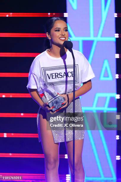 Becky G speaks onstage during the 2019 Latin American Music Awards at Dolby Theatre on October 17, 2019 in Hollywood, California.