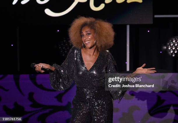 Amanda Seales performs onstage at the International Myeloma Foundation 13th Annual Comedy Celebration at The Beverly Hilton Hotel on October 17, 2019...