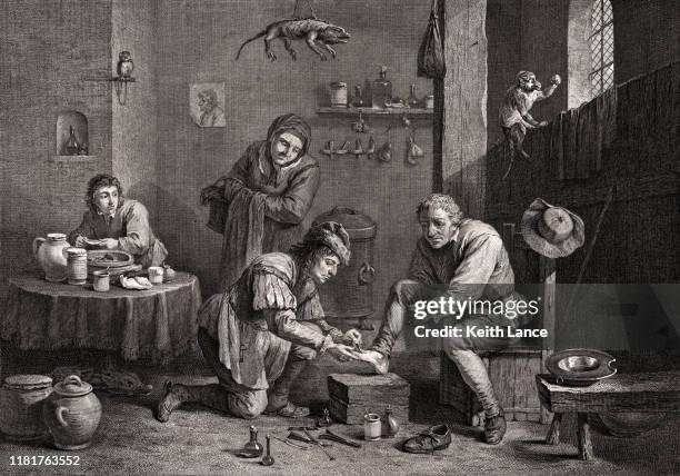 the country surgeon at work - patient history stock illustrations