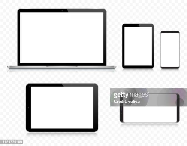 laptop, tablet, smartphone, handy in schwarz und silber farbe mit reflexion, realistische vektor-illustration mit transparentem hintergrund - horizontal stock-grafiken, -clipart, -cartoons und -symbole