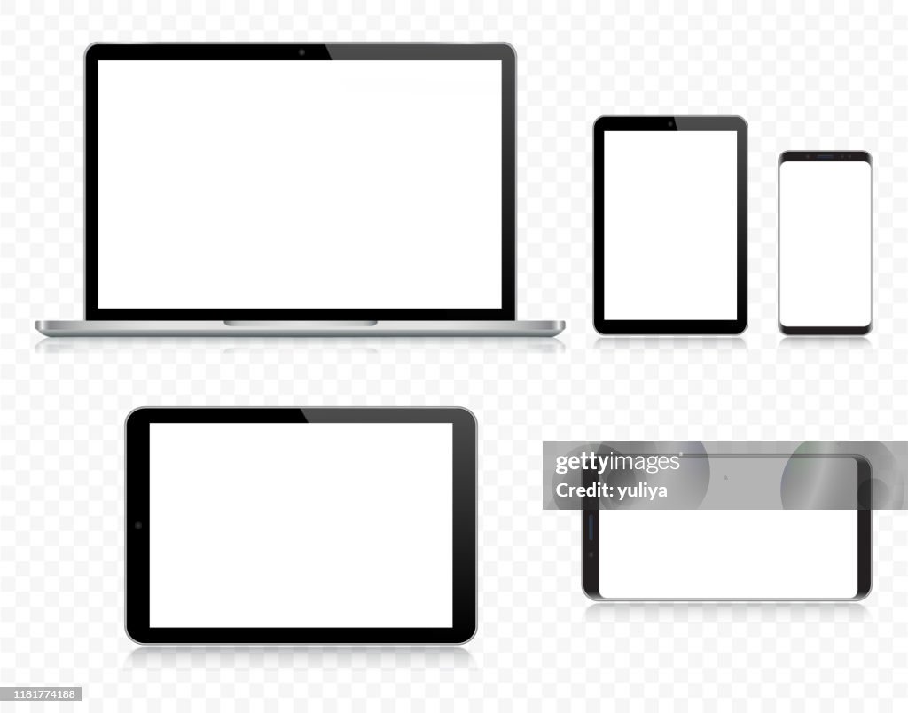 Laptop, tablet, smartphone, telefono cellulare in colore nero e argento con riflesso, illustrazione vettoriale realistica con sfondo trasparente