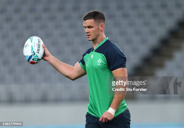 Ireland player Jonathan Sexton in action during the kickers practice session ahead of the 2019 Rugby World Cup Quarter Final match against New...