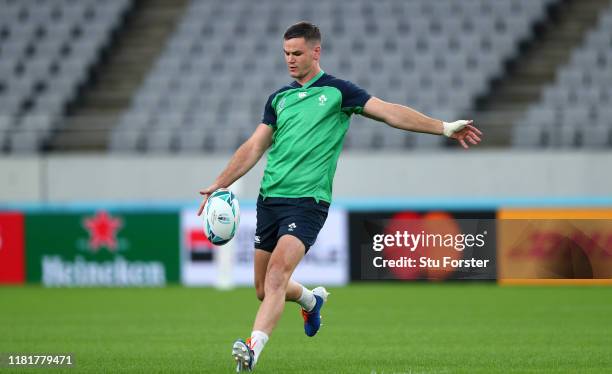 Ireland player Jonathan Sexton in action during the kickers practice session ahead of the 2019 Rugby World Cup Quarter Final match against New...