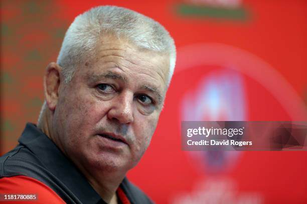 Warren Gatland, the Wales head coach, faces the media on October 18, 2019 in Beppu, Oita, Japan.