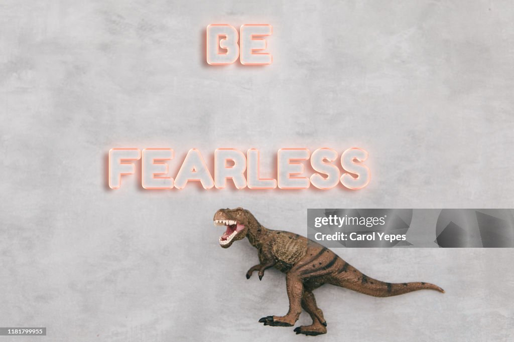 Be fearless quote and dinosaur toy in gray