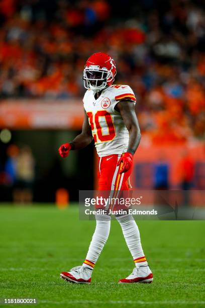 Cornerback Morris Claiborne of the Kansas City Chiefs defends on the play against the Denver Broncos during the fourth quarter at Empower Field at...