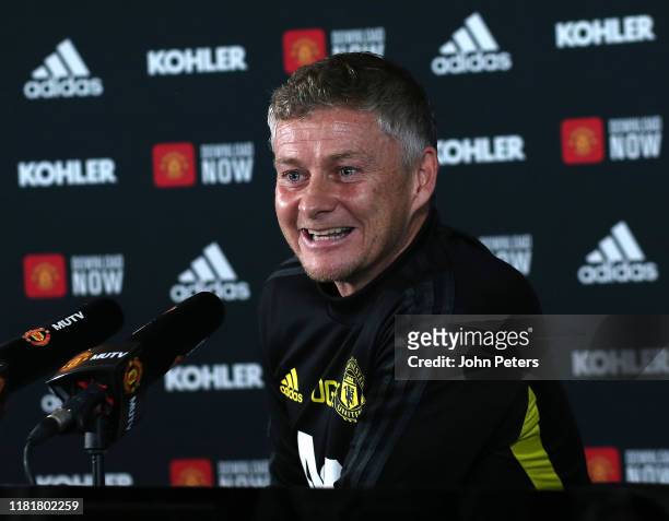 Manager Ole Gunnar Solskjaer of Manchester United speaks during a press conference at Aon Training Complex on October 18, 2019 in Manchester, England.
