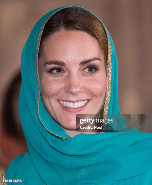 Catherine, Duchess of Cambridge visits the Badshahi Mosque on October 17, 2019 in Lahore, Pakistan. Their Royal Highnesses The Duke and Duchess of...