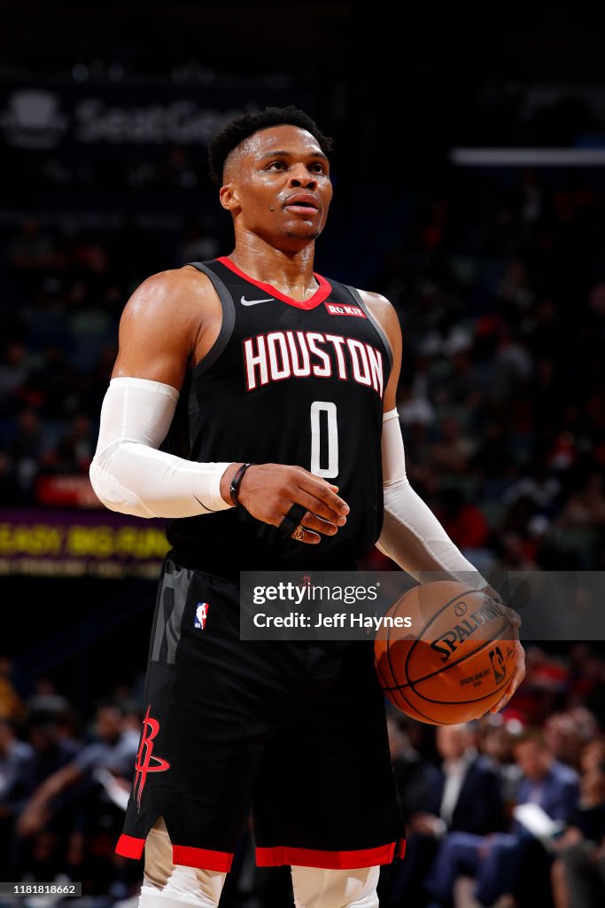Westbrook Rockets Russell Westbrook of the Houston Rockets looks on during the game ...