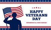 Happy veterans day honoring all who served poster background template design. Soldier military salutation silhouette with usa america flag behind vector illustration.