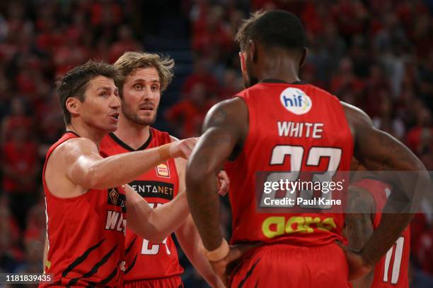 Damian Martin of the Wildcats addresses his players during the round three NBL match between the Perth Wildcats and the Cairns Taipans at RAC Arena...