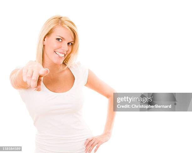 young female pointing - woman index finger stock pictures, royalty-free photos & images