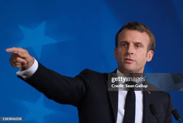 French President Emmanuel Macron speaks at the conclusion of a two-day summit of European Union leaders on October 18, 2019 in Brussels, Belgium. The...